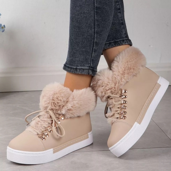 Fuzzy Beige Trim Lace-Up Ankle Boots